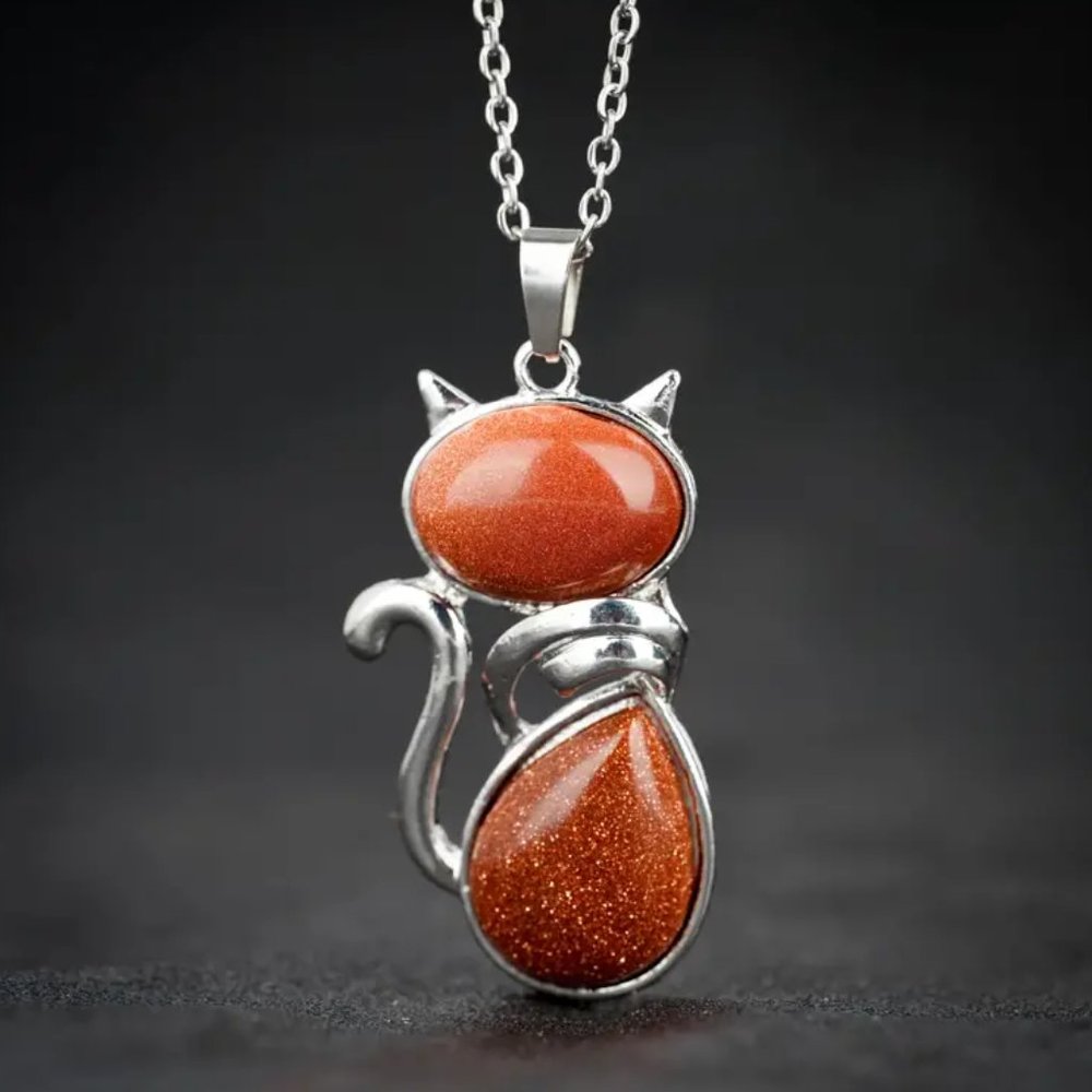 Gold Sandstone Natural Stone Cute Cat Pendant Necklace - Picture 2 of 2